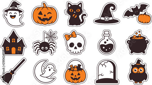 Set of cute hand drawn halloween stickers featuring ghosts pumpkins black cats bats skulls and other spooky holiday elements