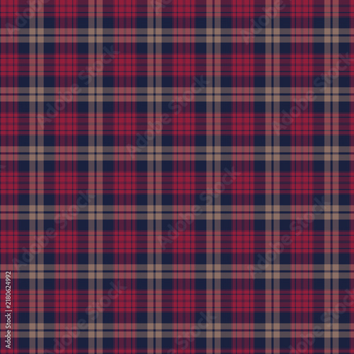 Seamless classic plaid pattern vector background featuring a traditional tartan design in navy blue, dark red, and beige tones. Perfect for textile print, apparel, fabric design, wrapping paper, holid