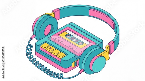 Isometric retro cassette player with headphones and mixtape flat vector illustration