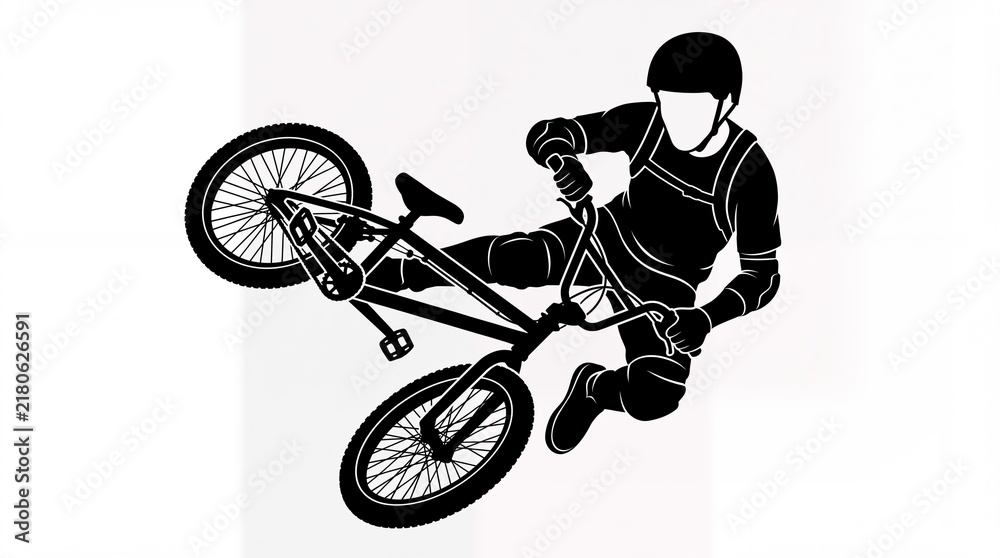 Fototapeta premium Black and white illustration of a BMX rider performing an extreme stunt jump in midair