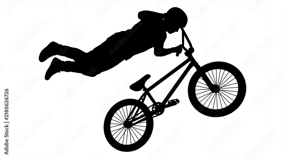 Obraz premium Silhouette of a BMX rider performing a daring mid-air stunt jump on a bicycle isolated on a white background
