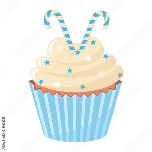 Winter Christmas Cupcake with Blue Candy Canes and Snowflakes