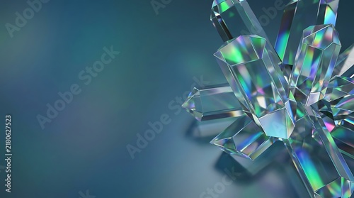 Iridescent crystal formations display a prismatic holographic effect against a teal blue gradient backdrop crystals geometric faceted