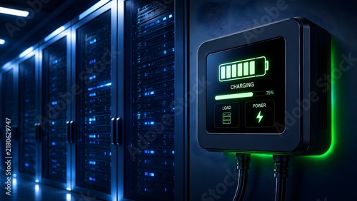 Wall mounted digital charging station with glowing green battery icon in a server room. Concept of backup power supply and data center energy management.