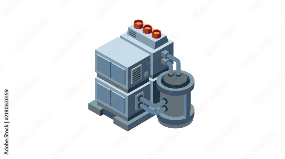 Obraz premium Corporate Isometric of Industrial Server Rack with Large Storage Tank and Piping System in Gray and Orange