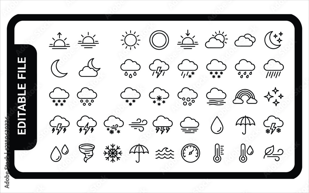 Obraz premium Universal weather and climate icon set featuring black linear symbols for professional meteorological forecasting applications.