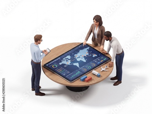 Business team analyzing global data and supply chain logistics on interactive table