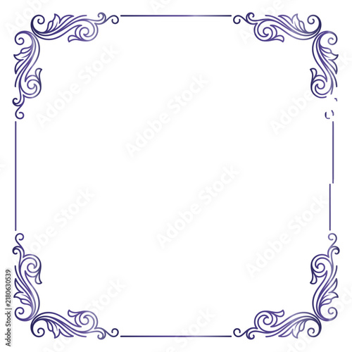 Elegant Square Decorative Frame with Ornate Floral Swirl Corners in Gradient Purple for Wedding Invitations and Sophisticated Graphic Design Projects