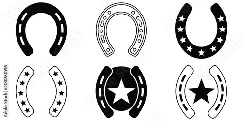 Solid and outline vector icons featuring traditional horseshoes decorated with stars representing good luck and equestrian sports