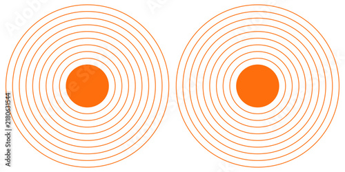 Orange concentric circles banner. Radial pattern. Sun, sunlight, sunrise, sunset, sunburst background. Ripples, impact, sonar waves, epicenter, radar signal, target wallpaper. Vector flat illustration