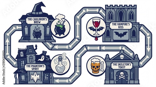 Bold graphic novel style vector map of a winding path connecting four spooky halloween bar facades