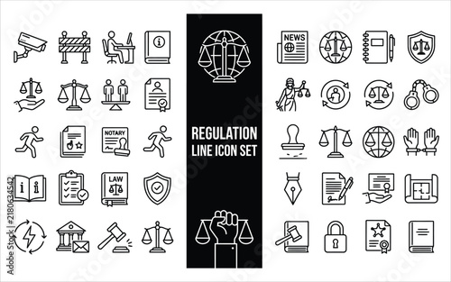 Regulation line icon set with legal symbols and justice concepts for professional compliance and law practice design.