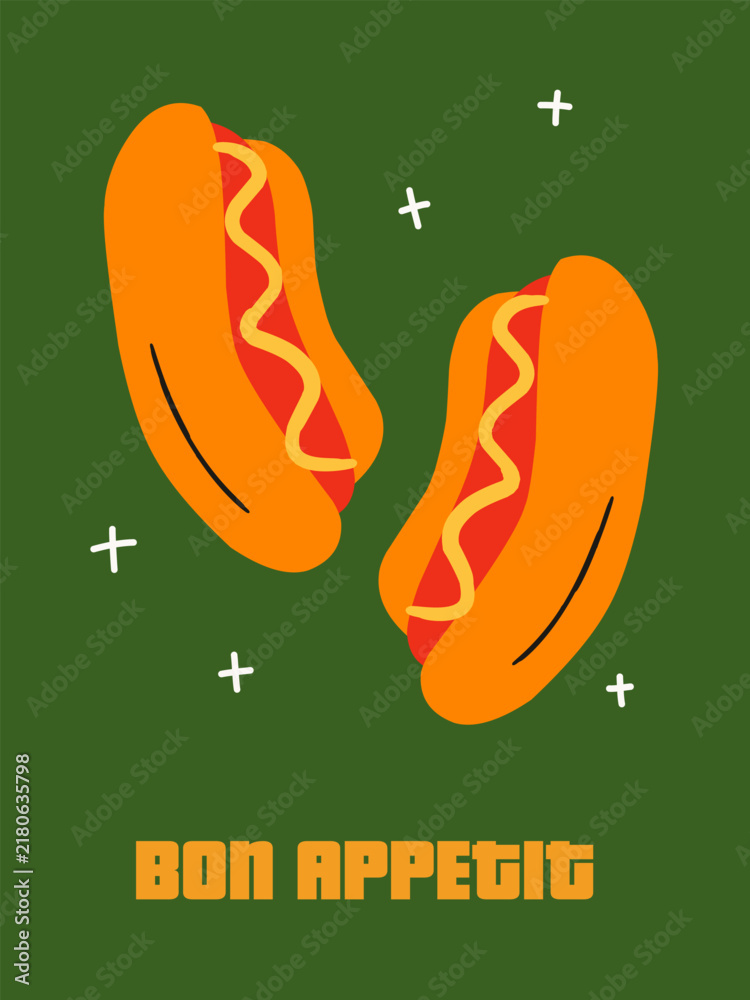 Fototapeta premium Bon Appetit Hotdog Poster, Vintage Fast Food Vector Illustration, Retro Green Diner Wall Art Print, Groovy Sausage Snack Graphic, Cute Restaurant Menu Card, Y2K Kitchen Decor Print, Food Truck Icon