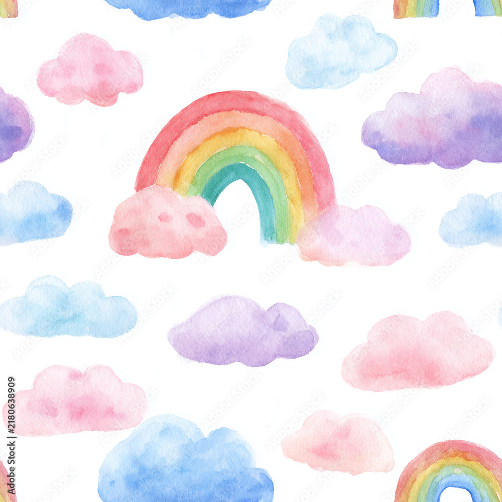 Obraz premium Pastel Watercolor Rainbows and Colorful Clouds Seamless Pattern