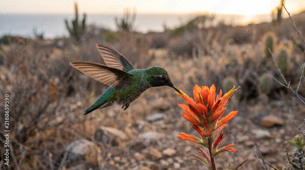 Obraz premium Green Hummingbird Hovering and Feeding on Orange Wildflower in Desert Nature. Concept of flying bird, nectar, wildlife, avian, wings, flight, pollination.