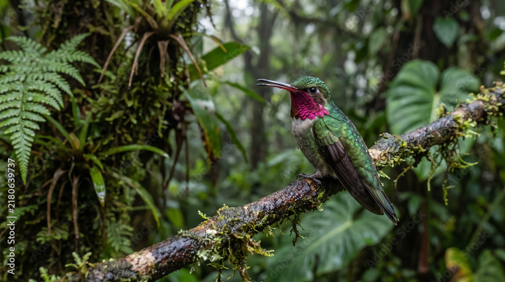Obraz premium Colorful Hummingbird Perched on a Mossy Branch in Lush Tropical Rainforest Jungle. Concept of bird, wildlife, nature, tropical bird, wildlife photography, animal.