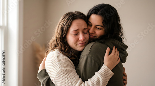Young woman comforting her crying friend with a warm hug indoor