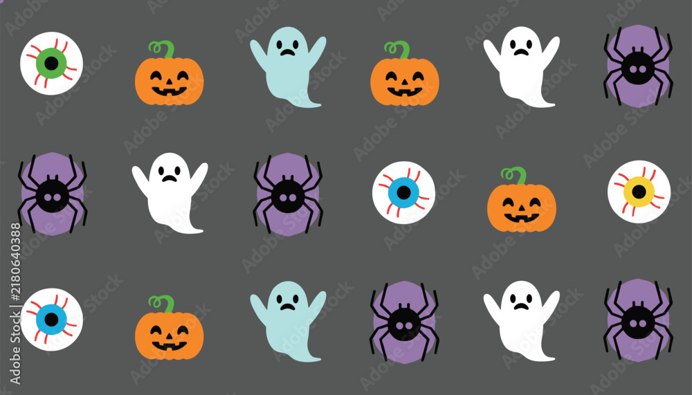 Fototapeta premium Fun Halloween pattern illustration featuring a repetitive arrangement of cute ghost icons, orange pumpkins, spiders, and eyeballs on a dark grey background.