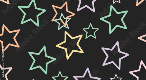Minimalist stars outline pattern on black background simple graphic line art celestial shapes repeating backdrop geometric starry motif digital art design.