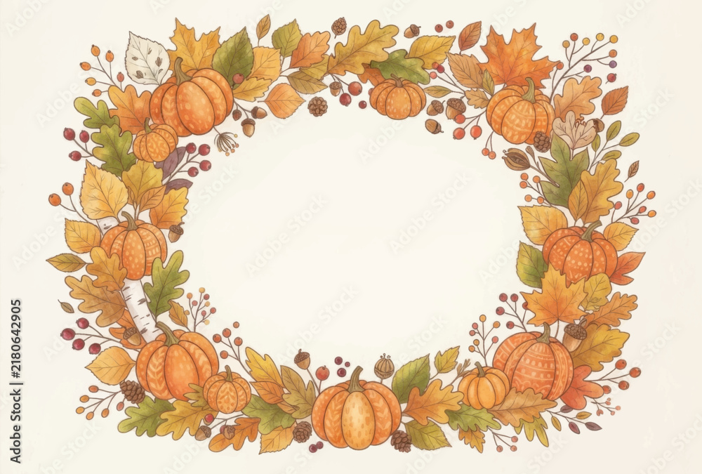 Fototapeta premium Hand drawn of an autumn harvest wreath featuring orange pumpkins, colorful fall leaves, acorns, and berries on a cream background