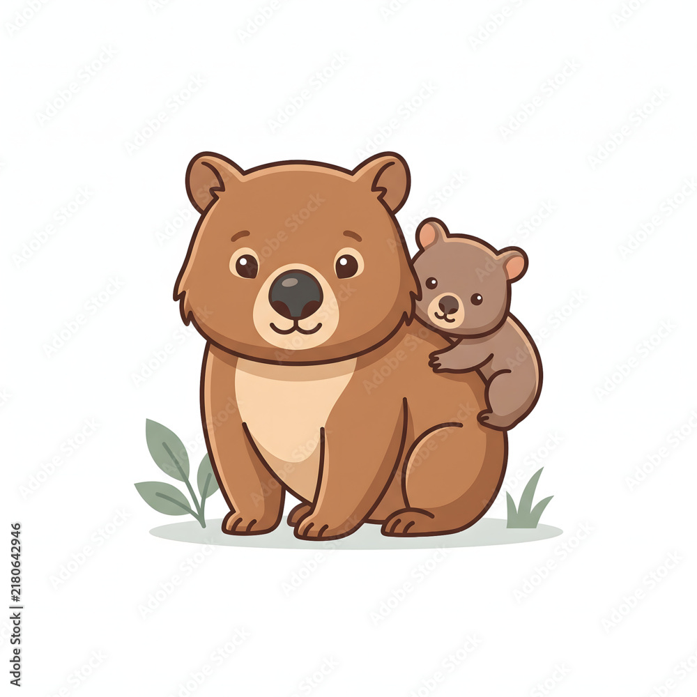 Fototapeta premium Cute cartoon wombat parent with baby joey illustration on white background