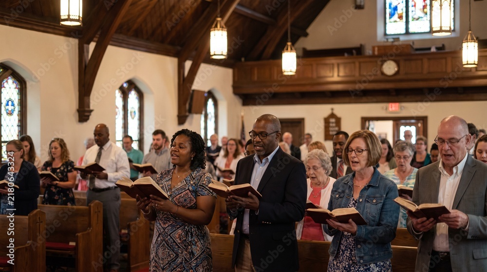 Obraz premium Diverse congregation singing hymns together in a traditional church service