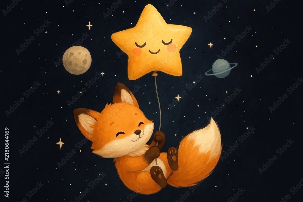 Fototapeta premium Cute fox holding star balloon.