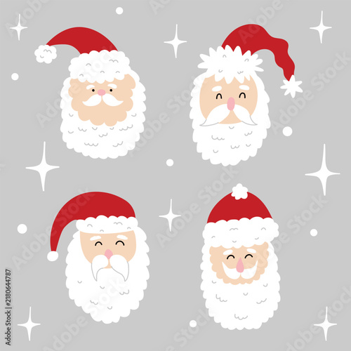 Set of Cute Santa Claus head and stars. Funny Christmas head
