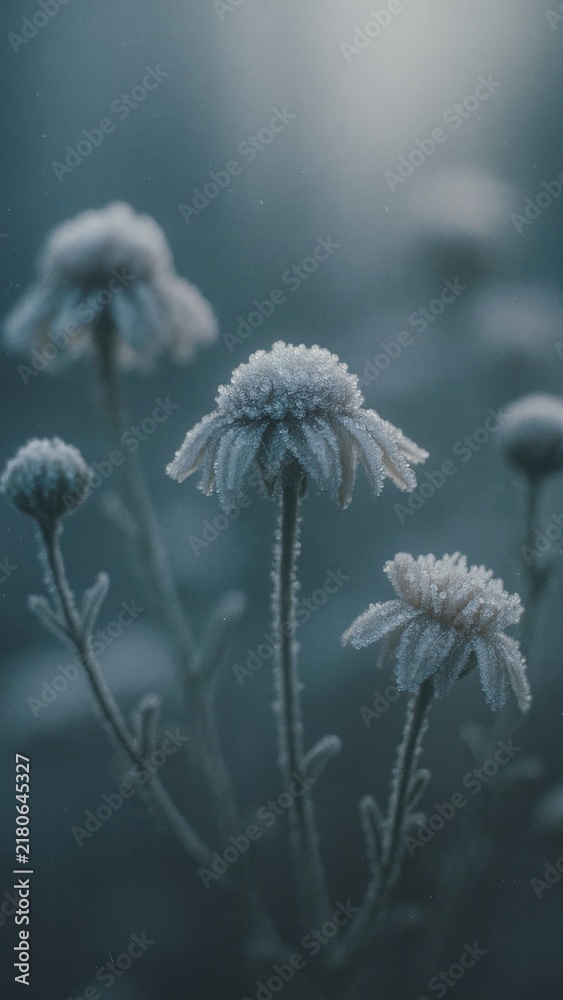 Obraz premium Frosted flowers in winter twilight mobile wallpaper
