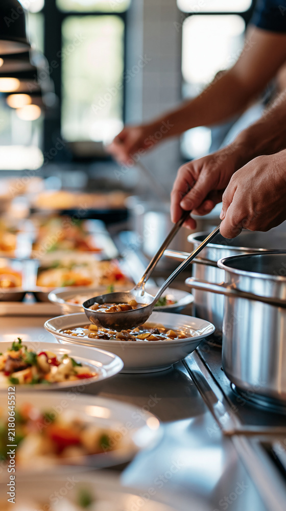 Fototapeta premium Cropped view of kitchen staff hands ladling warm stew into bowls on a stainless steel counter bright modern shelter kitchen clean tiled walls large steam pots trays of fresh meals lined