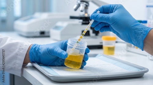 Urine Dipstick Test and Urinalysis — Clean Clinical Laboratory Background with Copy Space