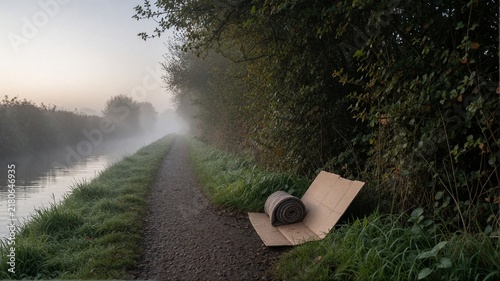 Homeless Bedding on Misty Canal Towpath at Dawn