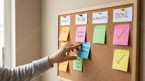 Hand moving sticky note on corkboard kanban system, organizing urgent tasks to do list, project management workflow, productivity, business planning, office organization