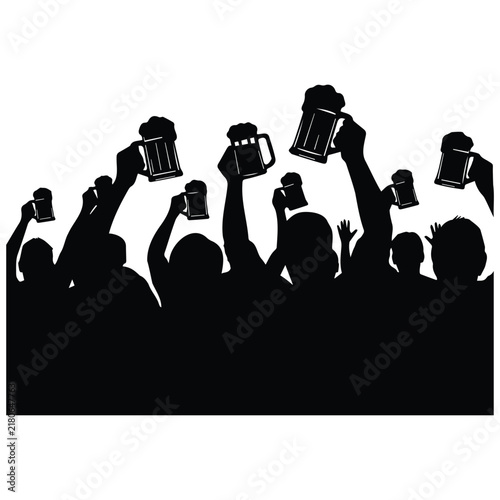 Crowd cheering people silhouette vector illustration line art holding beer mugs.