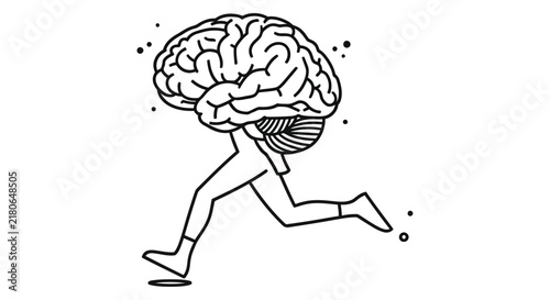 Running figure with a human brain as a head black and white line drawing
