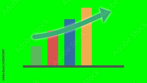 Colored bar charts show business growth with upwardpointing green arrow in financial graphic. Suitable for presentations, reports, infographics, and websites.