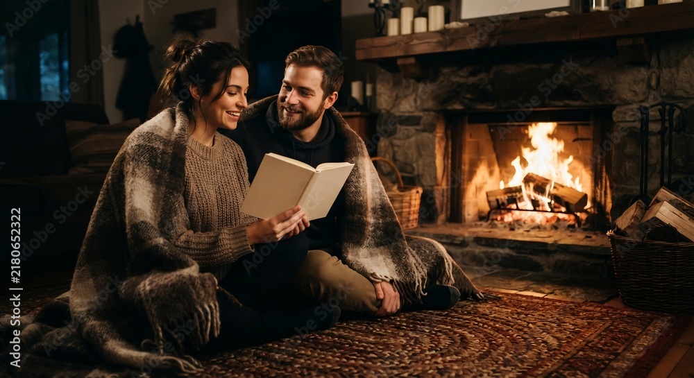 Obraz premium Young Couple Reading Together by Cozy Fireplace, Autumn Lifestyle and Wellness Concept