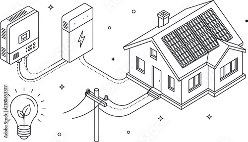 Isometric smart house system with solar panels on roof battery storage inverter electrical grid and green eco bulb