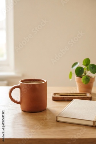 Minimalist Desk Workspace with Ceramic Mug and Notebook, Productivity and Remote Work Concept
