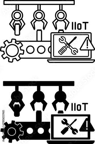 Real time Data Monitoring Icons. Line and Glyph Vector Illustrations. Conveyor Data Collection. Laptop, Screwdriver, Wrench, and Warning Sign. Smart Factory and Industrial IoT Concept