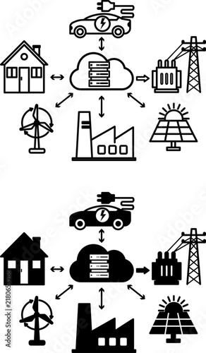 Smart Power Grid Icons. Cloud with Database, Factory, Solar Panel, and Power Line. Electric Machine, House, and Wind Power Plant. Smart Factory and Industrial IoT Concept