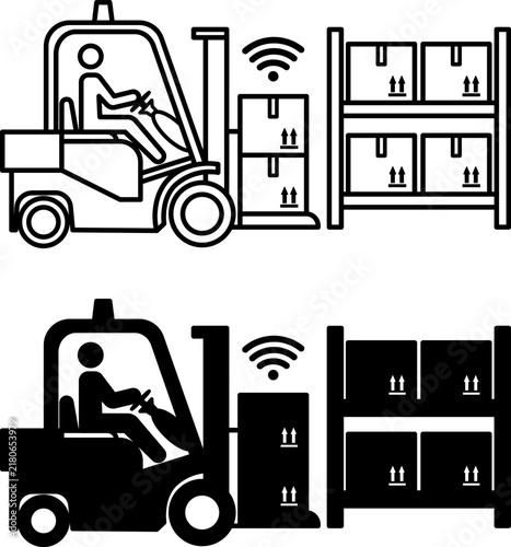 Warehouse Logistics Icons. Line and Glyph Vector Illustrations. Forklift Unloading Goods in a Warehouse. Fast Receipt and Dispatch of Goods. Smart Factory and Industrial IoT Concept