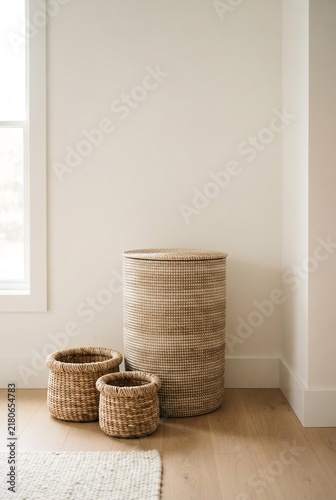 Set of Woven Natural Fiber Storage Baskets in Minimalist Home Interior, Interior Design and Organization Concept