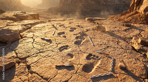 Archaeological Excavation Site with Ancient Human Footprints Imprinted on Arid Desert Rock Surface