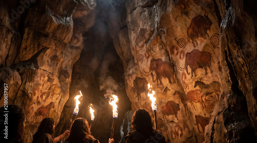 Exploration of Ancient Prehistoric Cave Paintings with Mammoth and Bison Figures by Torchlight