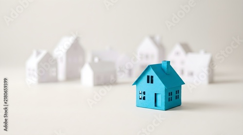 Small blue paper house standing out among white buildings.