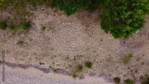 Aerial view of tourist tent camp on the scenic lake coast