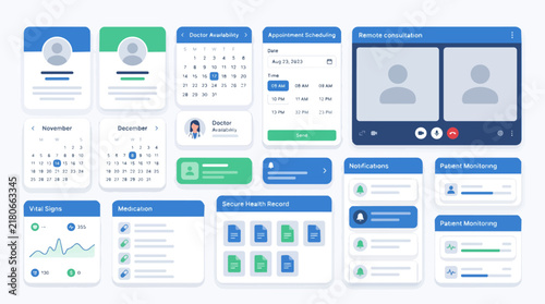 Vector illustration of a clean healthcare UI element kit for telemedicine applications. Features modular user interface components including profile cards, appointment calendars, video call screens, v