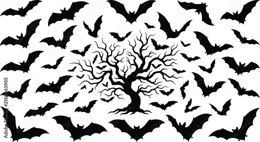 Fototapeta premium Bare tree silhouette surrounded by flying bats on a white background