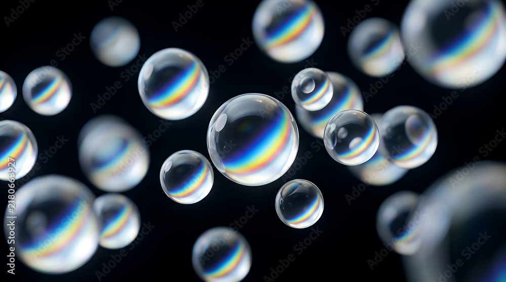 Obraz premium Bubbles floating in a dark void display vibrant rainbow light refractions on their thin spherical surfaces to create a dynamic composition of liquid spheres suspended in a deep empty space.